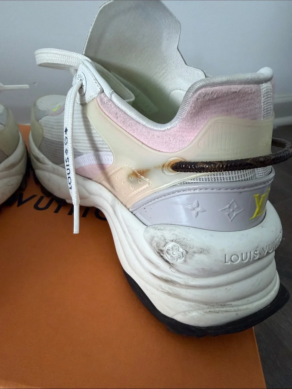 Louis Vuitton White Sneakers with Pink and Neon Yellow Accents
